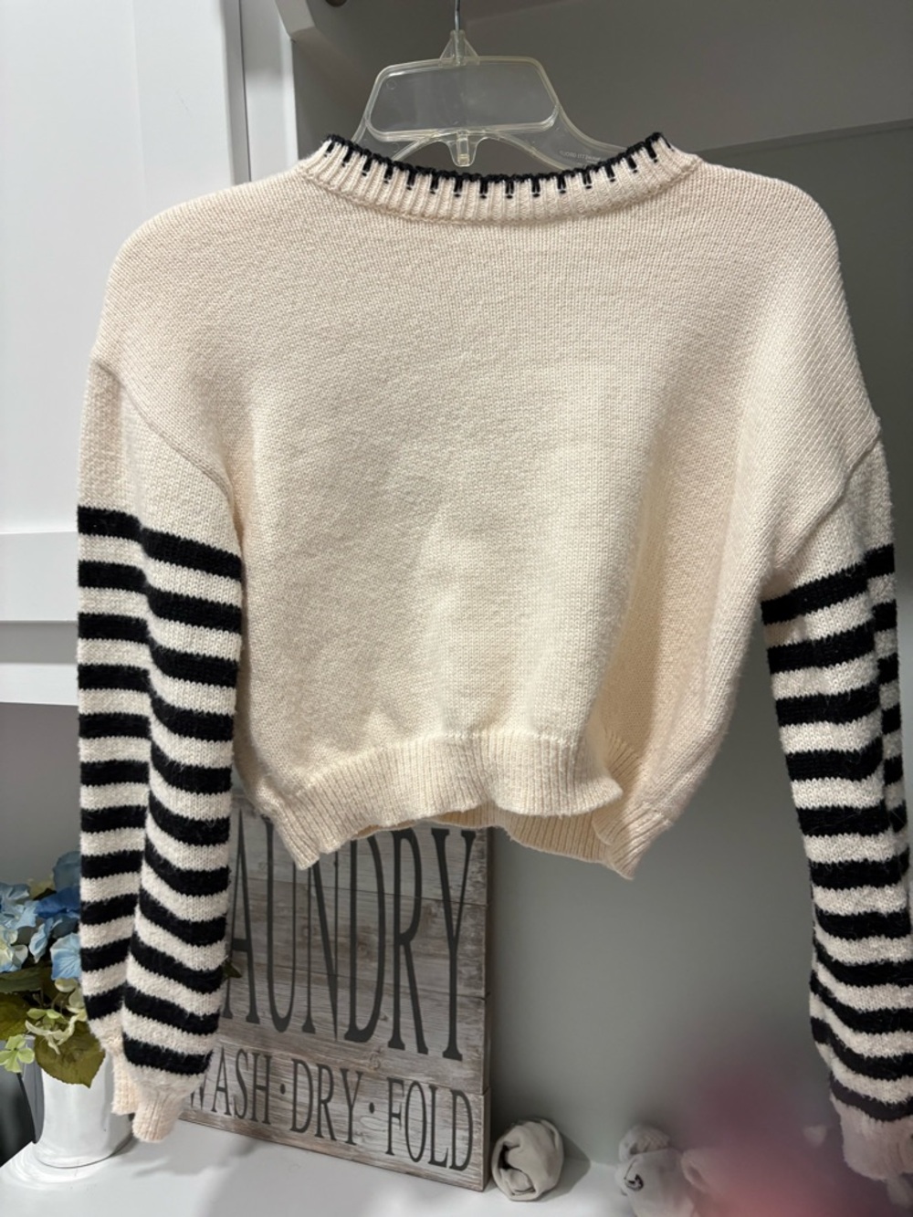 Altar'd State Cream Crewneck Sweater with Black Striped Sleeves